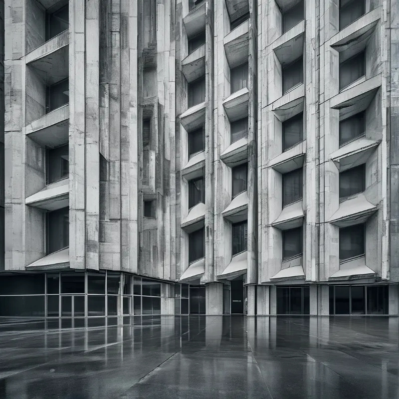 A black and white view of a concrete building facade featuring repeating windows and columns, reflected on wet ground.