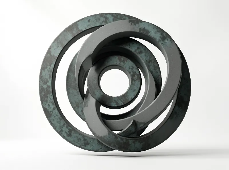 Interlocking dark metal rings with green oxidation form a sculpture against a plain white space with soft shadows.