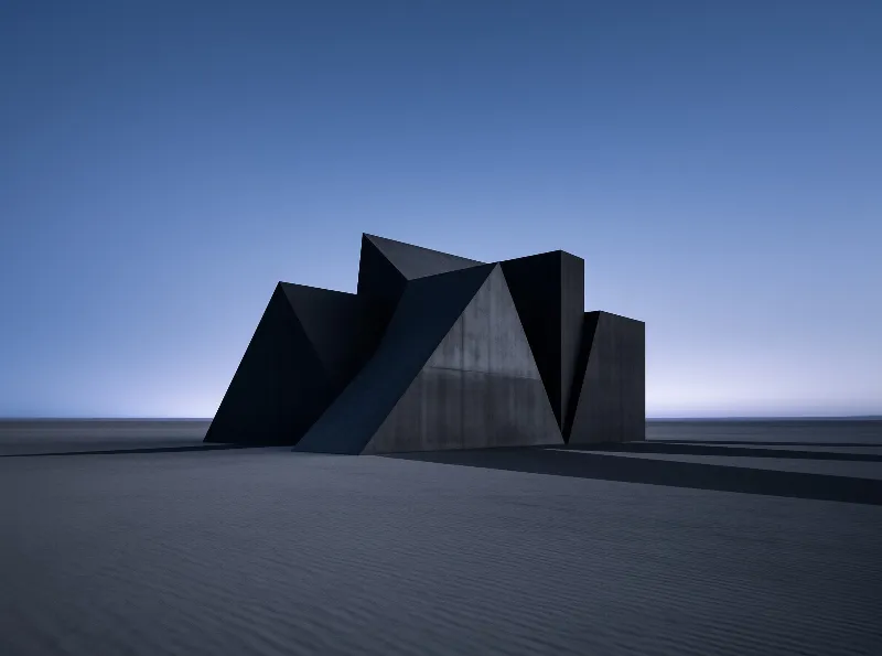 A large angular concrete structure stands alone on a vast flat plain under a deep blue sky during twilight.