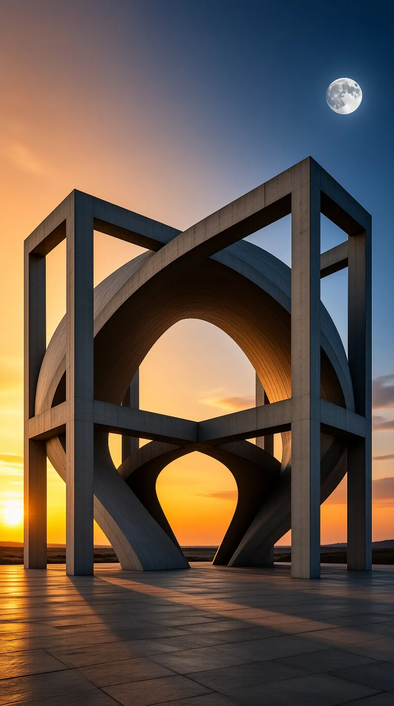 Interlocking concrete arches form a cubic monument silhouetted against a glowing sunset sky and rising moon.