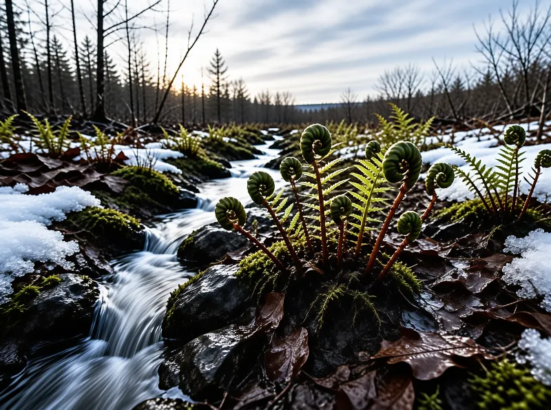 Green fern fronds rise from dark rocks amidst snow while a stream flows behind under soft light.