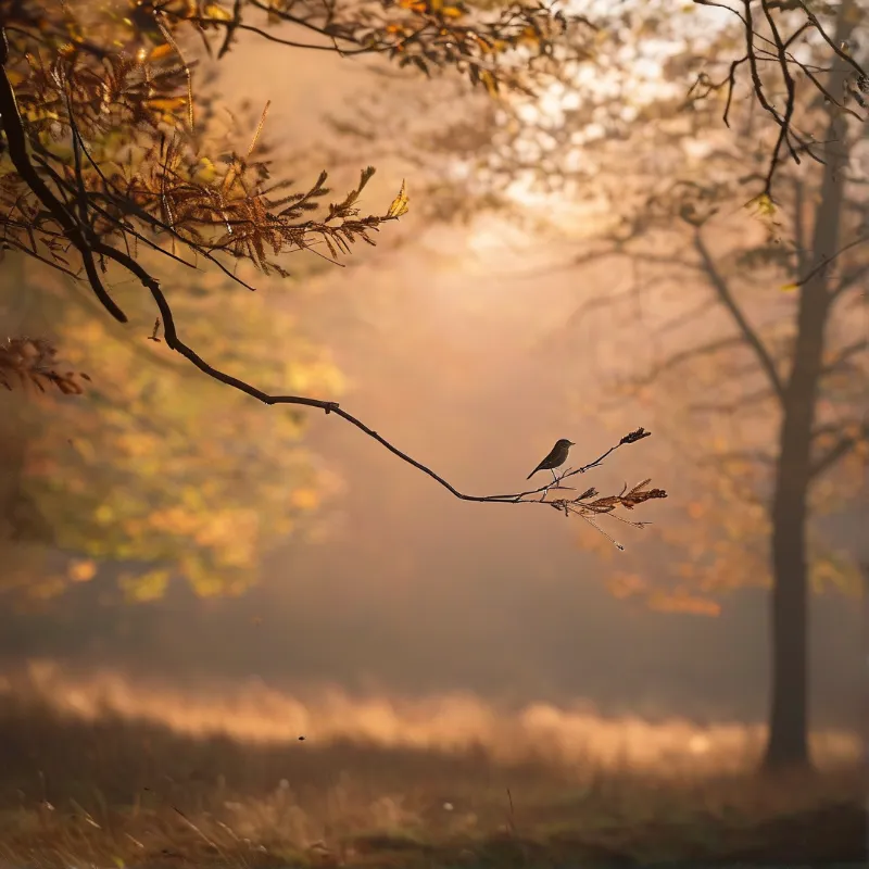 A tiny bird perches on a slender branch amid soft golden fog and out of focus foliage.
