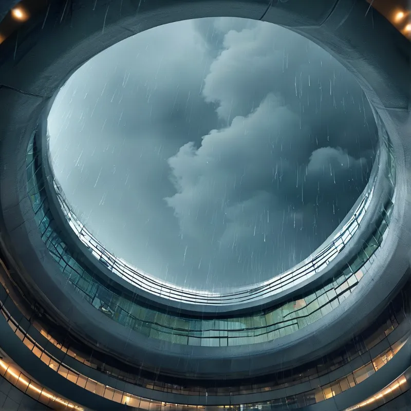 Looking up through a curved glass atrium reveals a stormy sky with heavy rain falling steadily.