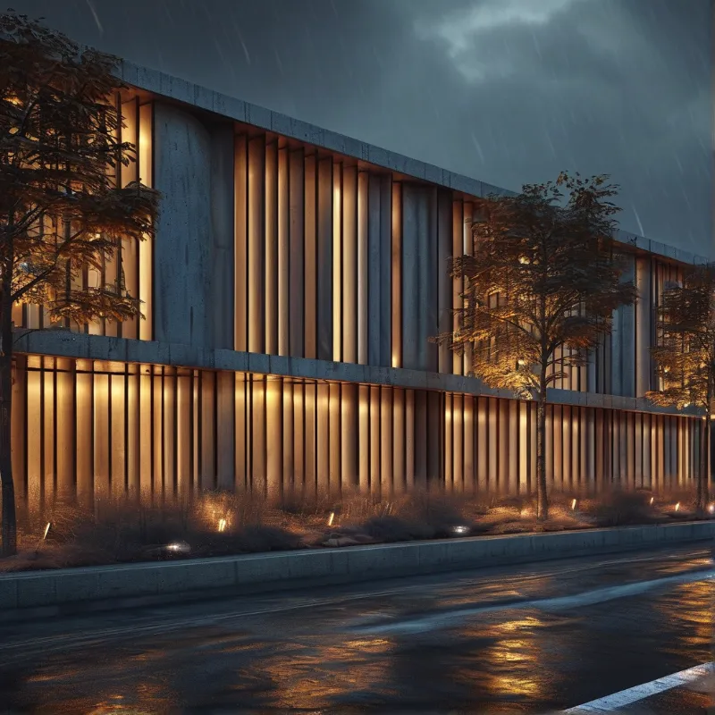 A concrete facade with vertical slats emits warm light during a rainstorm as wet pavement reflects the glow below.