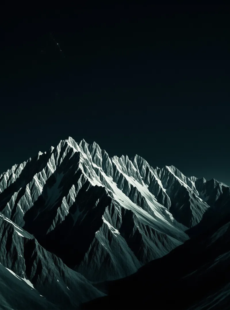 Snowy peaks rise against a black night sky, highlighting deep crevices and rugged rock textures with stark contrast.