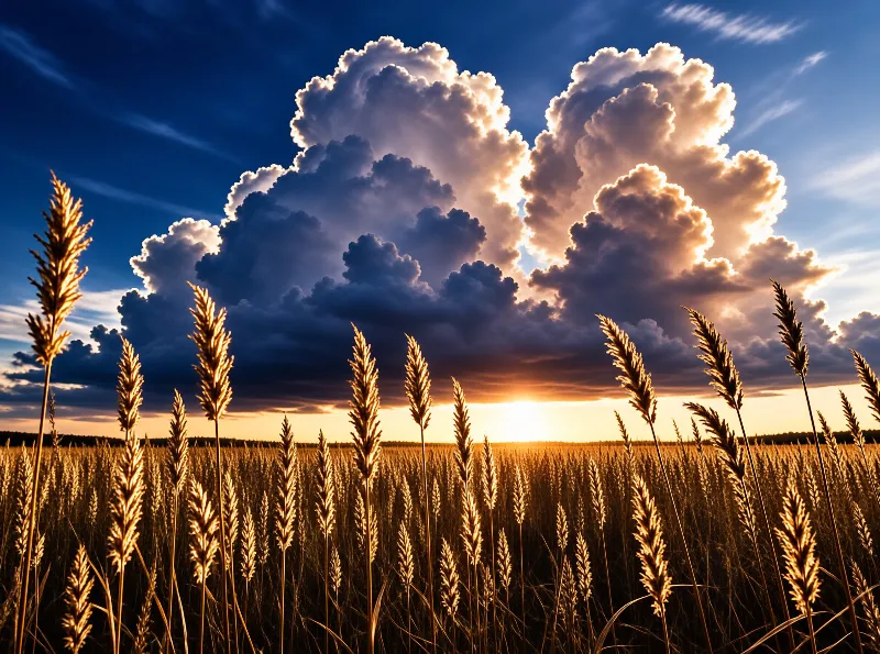 Tall stalks of ripe wheat rise from a golden field beneath towering cumulus clouds illuminated by the setting sun.