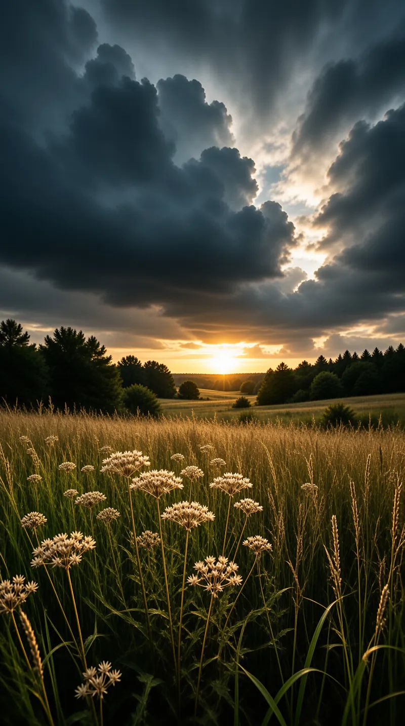 Tall white wildflowers stand in a field while the sun breaks through dark clouds.