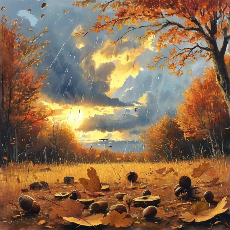 Painterly autumn scene showing fallen acorns and dry grass under dramatic golden sunset clouds