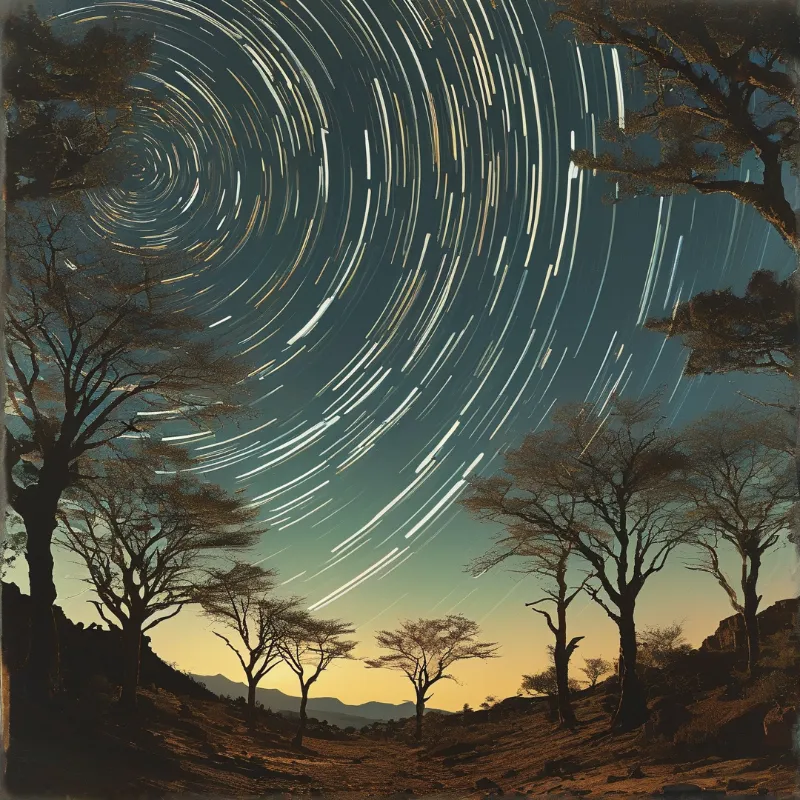 Concentric star trails swirl in arcs above a savanna with dark silhouetted acacia trees against a glowing golden horizon.