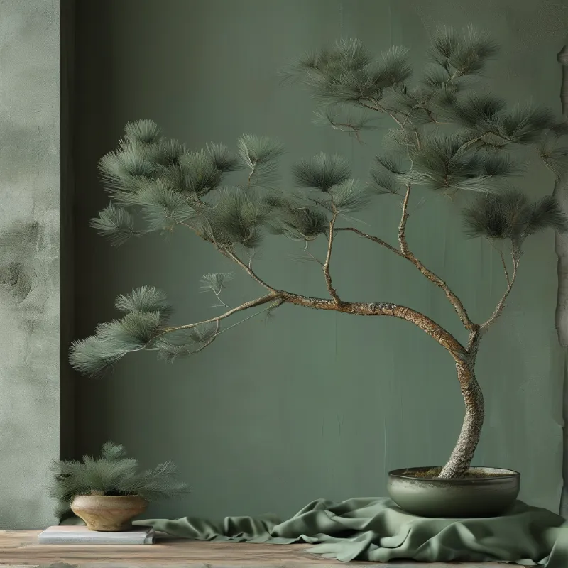 A large bonsai tree with needle foliage stands in a ceramic pot on a draped cloth against a painted green wall.