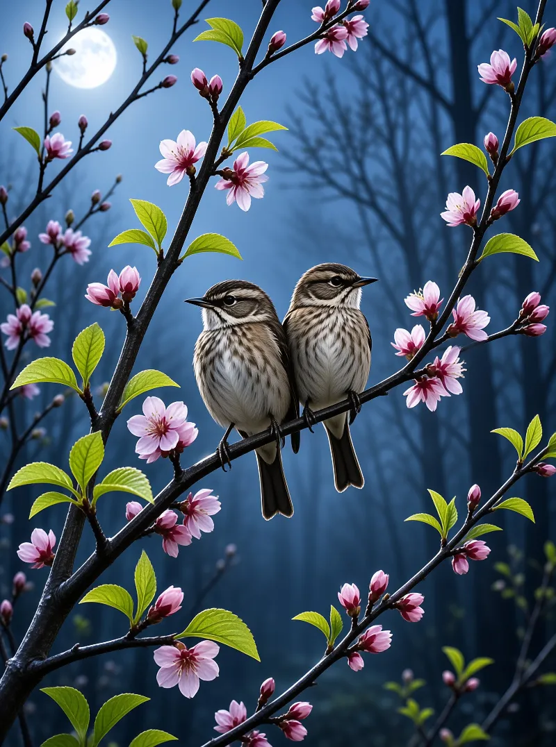 Two small songbirds perch side by side on a flowering cherry branch against a dark blue night sky with a bright full moon.