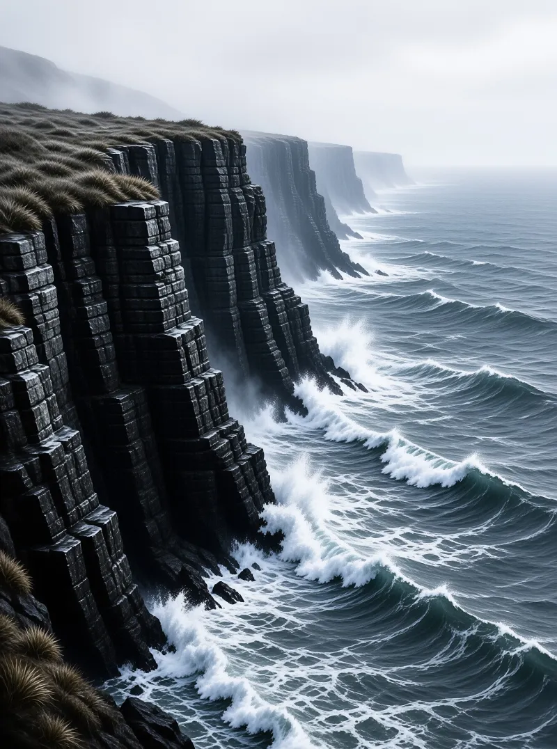 Dark hexagonal rock formations line a misty coast where white waves crash against the base under grey skies