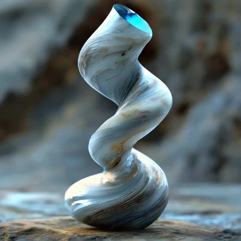 A twisted agate sculpture with a blue faceted top sits on a rock in a blurry natural environment.