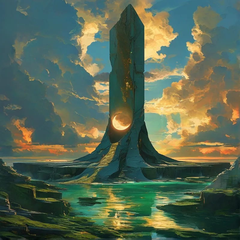 A towering rock column stands in shallow teal water, its massive opening framing a bright moon against a golden sunset sky.