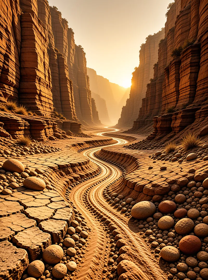 A desert canyon at sunset, with a snaking dry channel between cracked mud plates, rounded boulders, and layered rock walls.