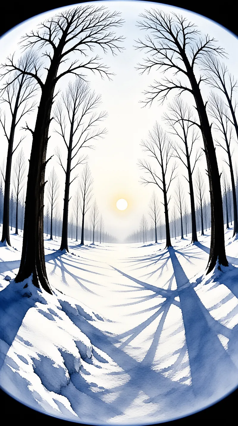 Bare winter trees cast long blue shadows on snow beneath a bright sun