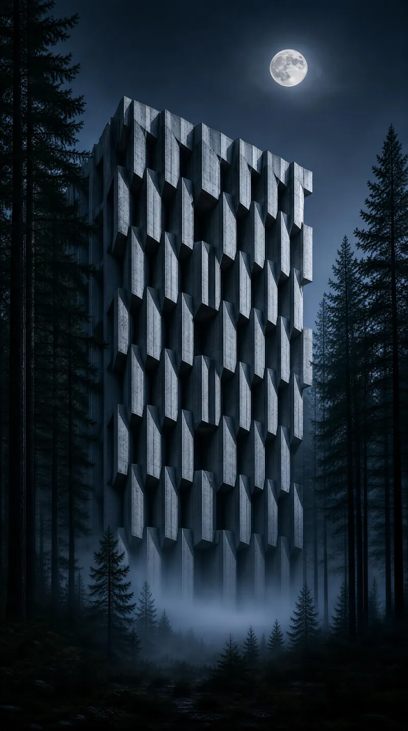 Modern Concrete Tower in Forest at Night
