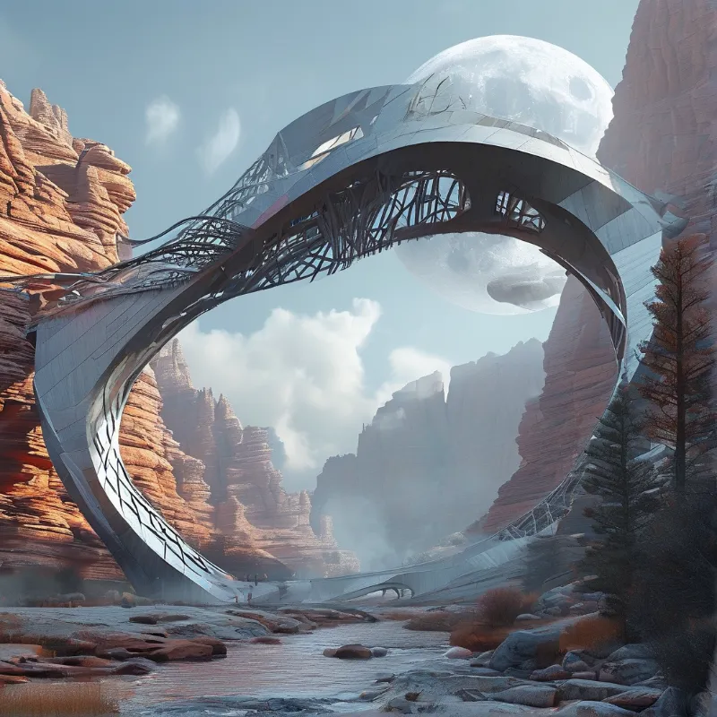 A sleek silver ribbon crosses a rocky gorge above a stream while a large celestial body hangs overhead.