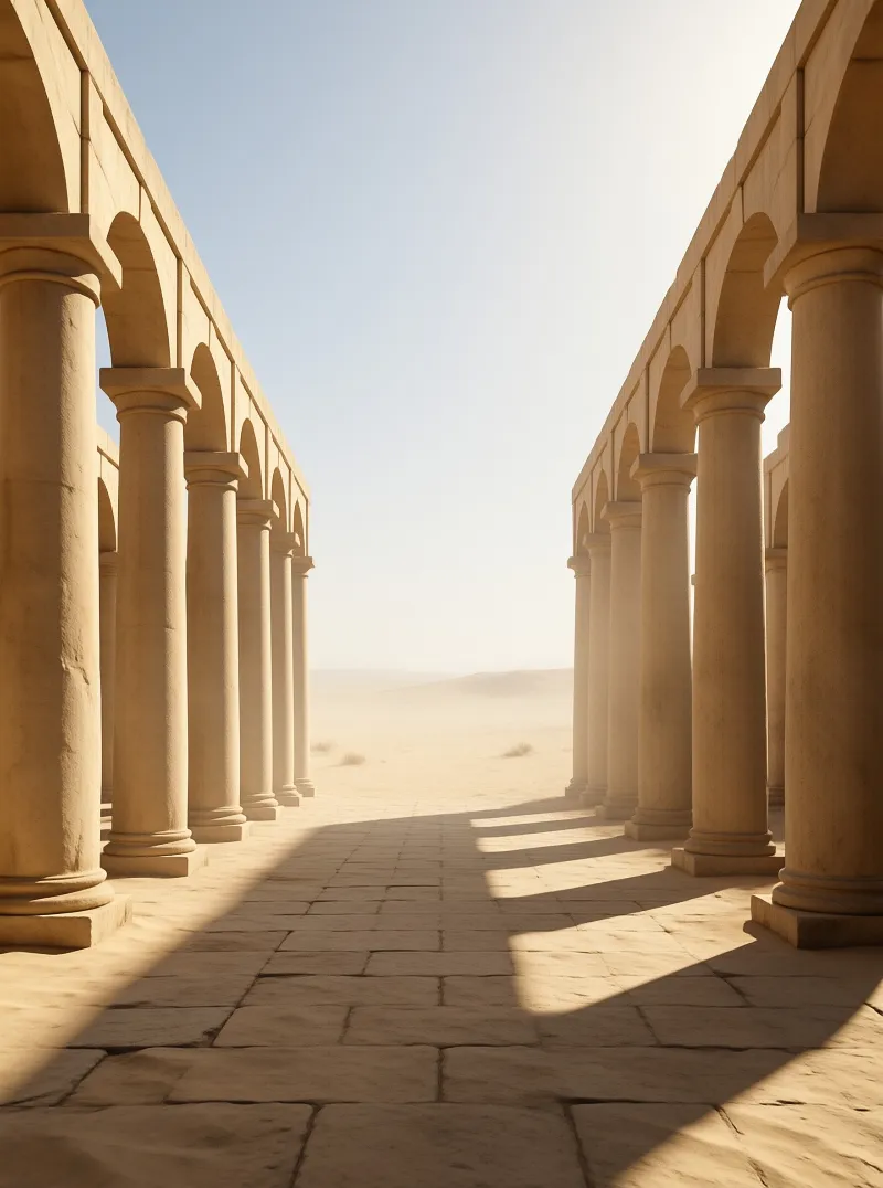 Rows of tall stone columns support arches framing a sandy desert landscape bathed in golden sunlight.