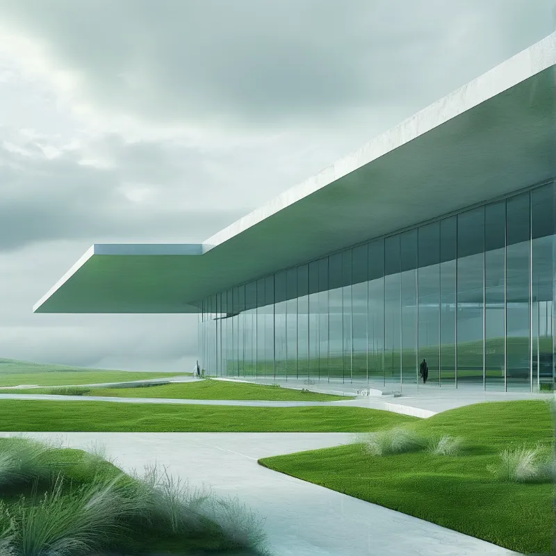 A sleek structure with a long white overhang and reflective walls stands amidst green fields under a cloudy sky.
