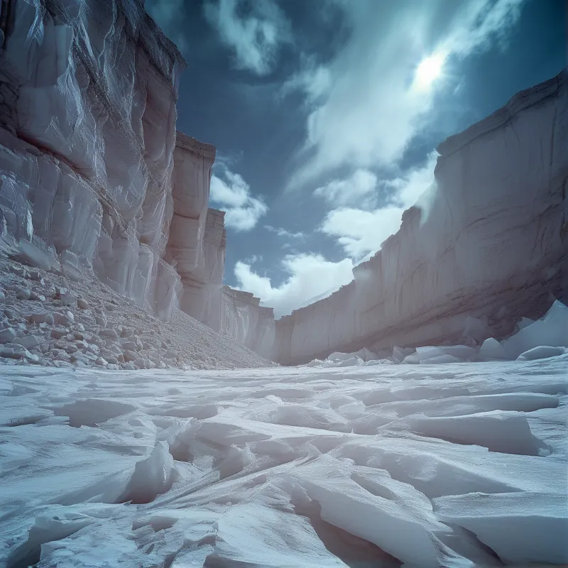 A wide shot of an icy canyon with steep frozen walls and fractured ice on the ground under a blue sky.