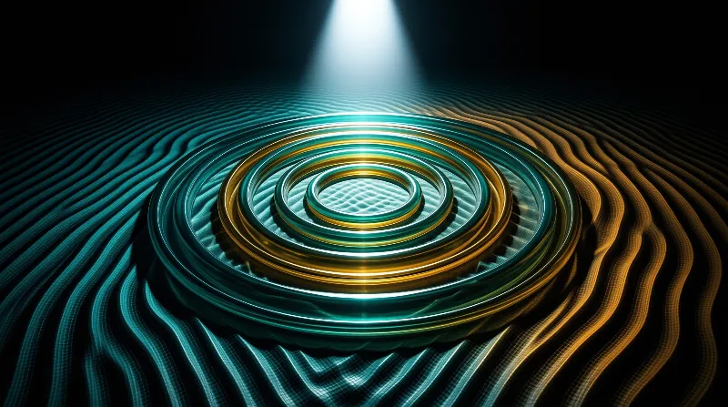 Metallic gold and teal rings rest upon a dark undulating surface illuminated by a central spotlight.