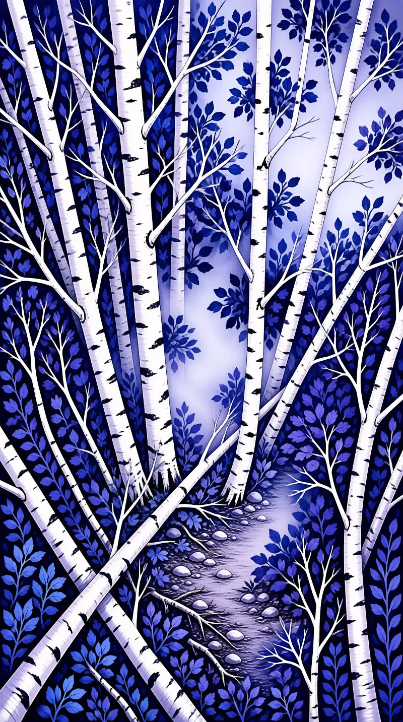 Artistic depiction of white trees in a blue hued woodland with scattered rocks on the ground.