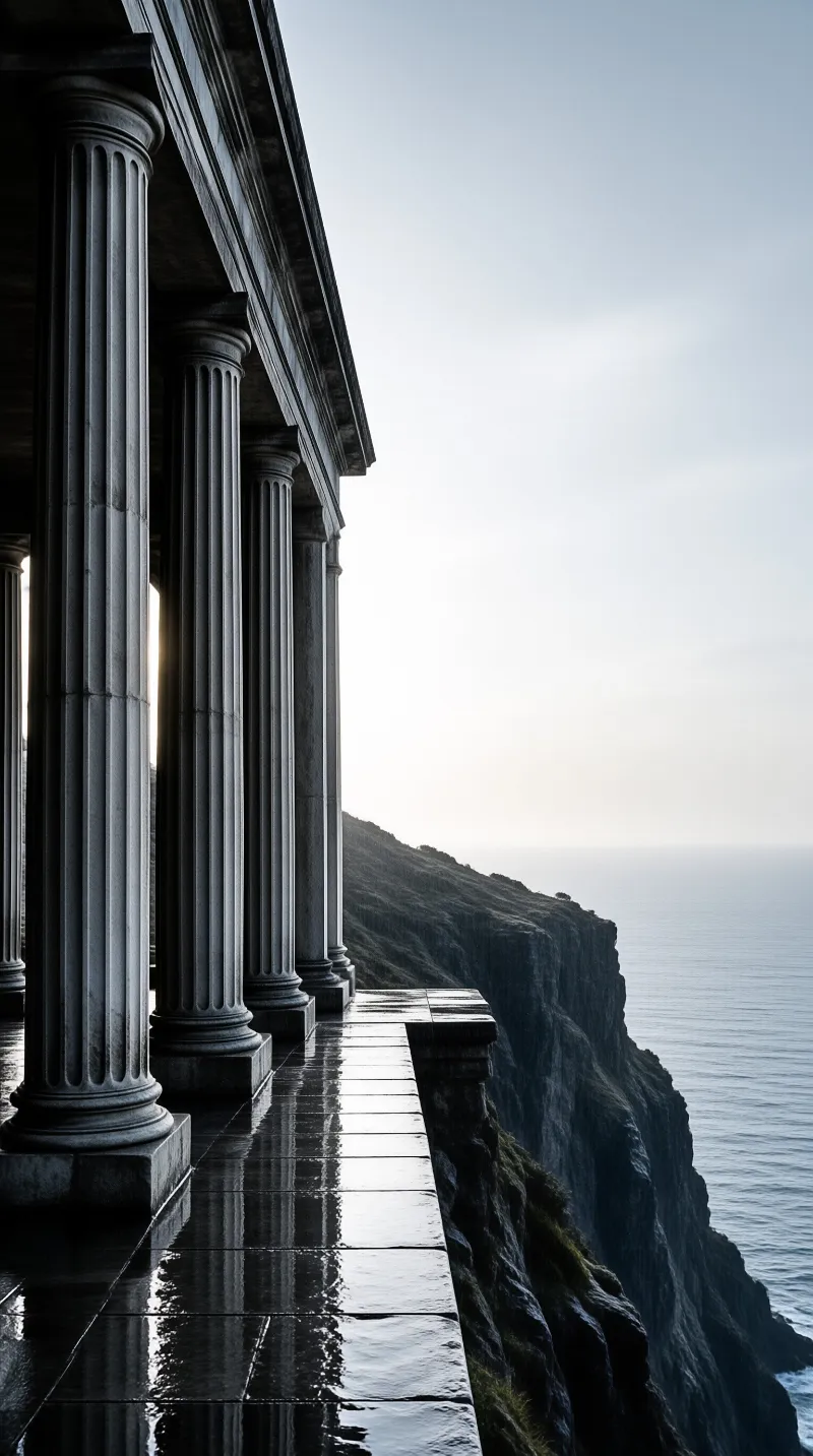 Fluted stone columns line a wet terrace on a high cliff overlooking the distant ocean horizon under soft light.