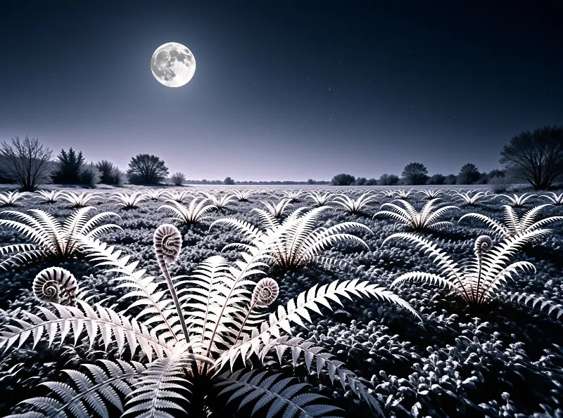 White ferns and fiddleheads cover a frozen field beneath a large full moon in a dark starry sky.