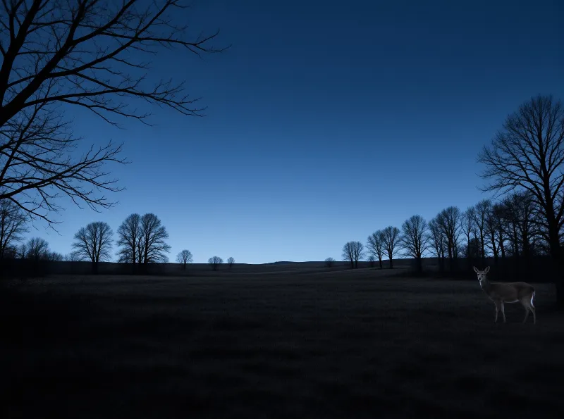 A lone deer pauses in a darkening field ringed by leafless trees beneath a deep twilight blue sky