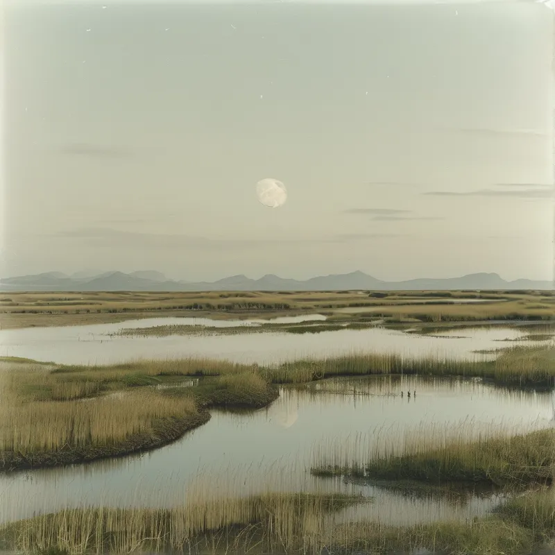 A pale moon hangs in a muted sky above a calm marsh, its light reflecting off the water amidst grassy islands and distant mountains.