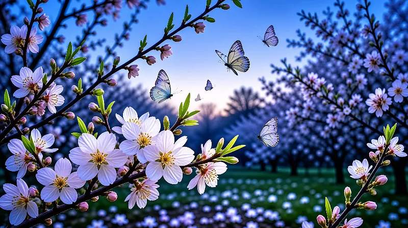 Delicate butterflies dance among white blossoms with yellow centers on dark branches under a clear blue sky.