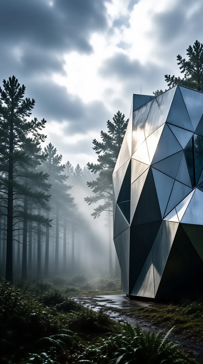 An angular glass building of mirrored panels stands among misty pines, reflecting a cloudy sky over a ferny forest floor.