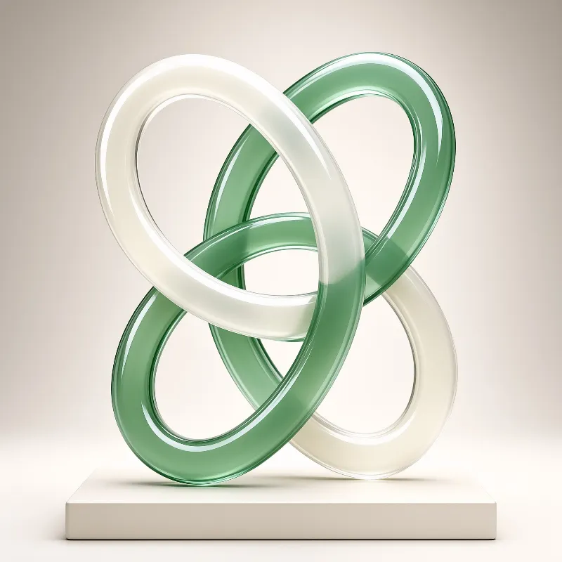 A geometric art piece featuring white and green glass rings intertwined on a white block.