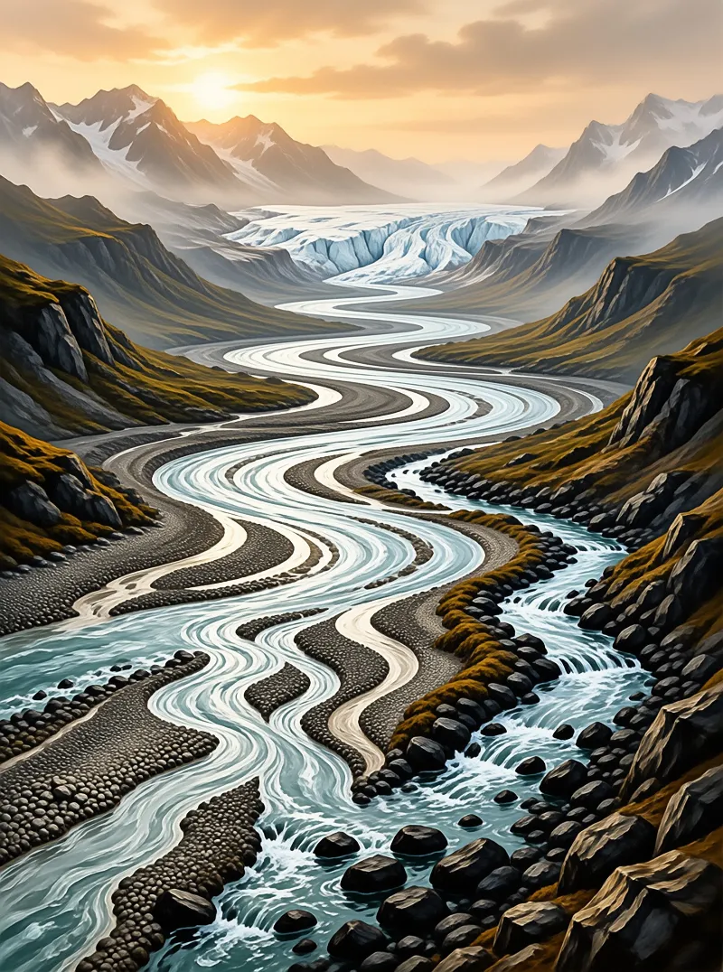 A braided river snakes through a rugged valley flanked by mossy hills and towering peaks, eventually originating from a vast glacier bathed in warm golden light.