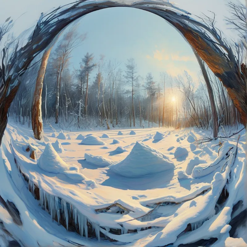 Painterly winter scene seen through a round fisheye frame, with snow covered mounds, bare trees and a low golden sun.