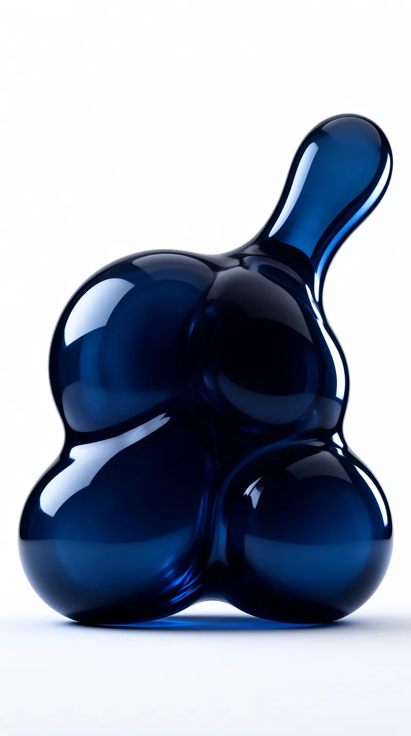 A shiny dark blue object resembling fused bubbles sits against a plain white backdrop with strong reflections.