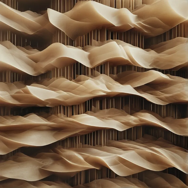 Stacked cream coloured waves alternate with dark vertical fins in an abstract composition