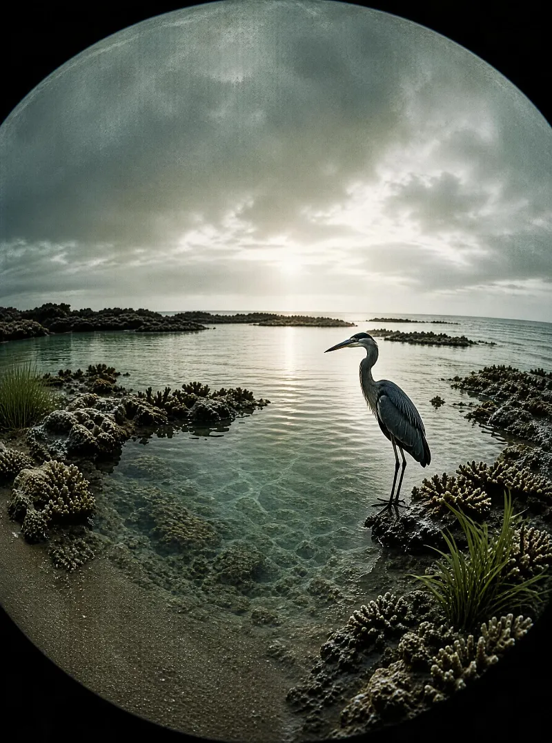 A heron stands on a coral reef in a shallow lagoon under soft light from overcast skies