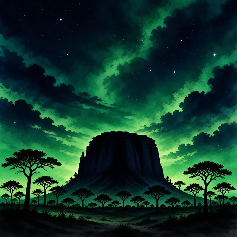 A dark mesa stands against a bright green aurora sky filled with stars and surrounded by trees.