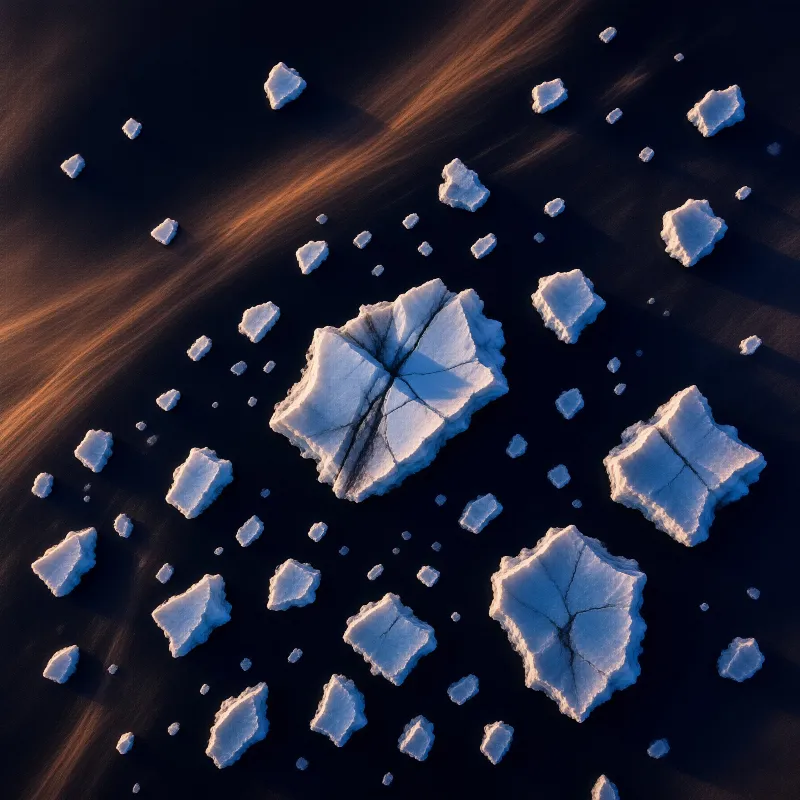White fractured ice slabs float on black liquid while warm amber light streaks across the upper left corner.