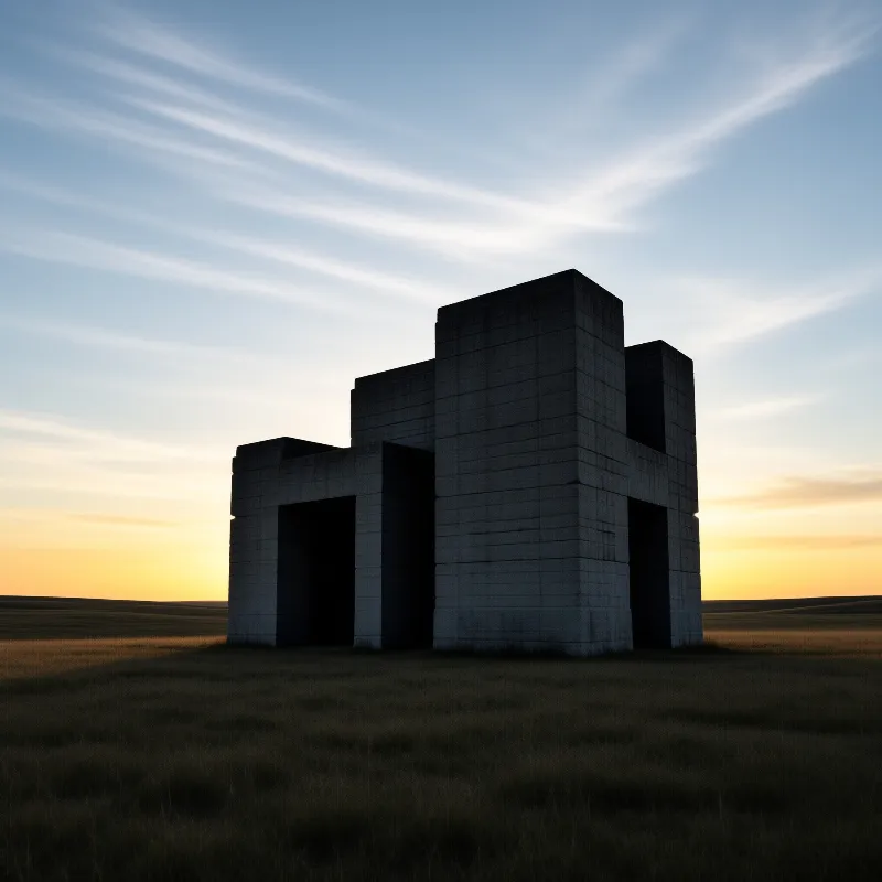 A massive grey concrete structure stands isolated in a vast grassy field under a sky turning orange and blue.