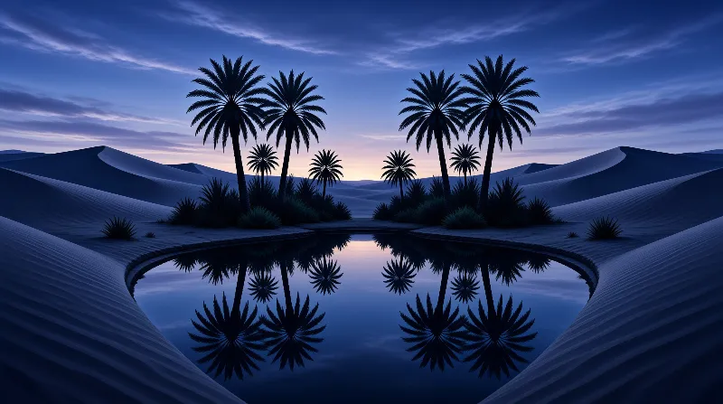 Silhouetted palm trees around a calm desert pool mirror the blue and pink twilight sky.