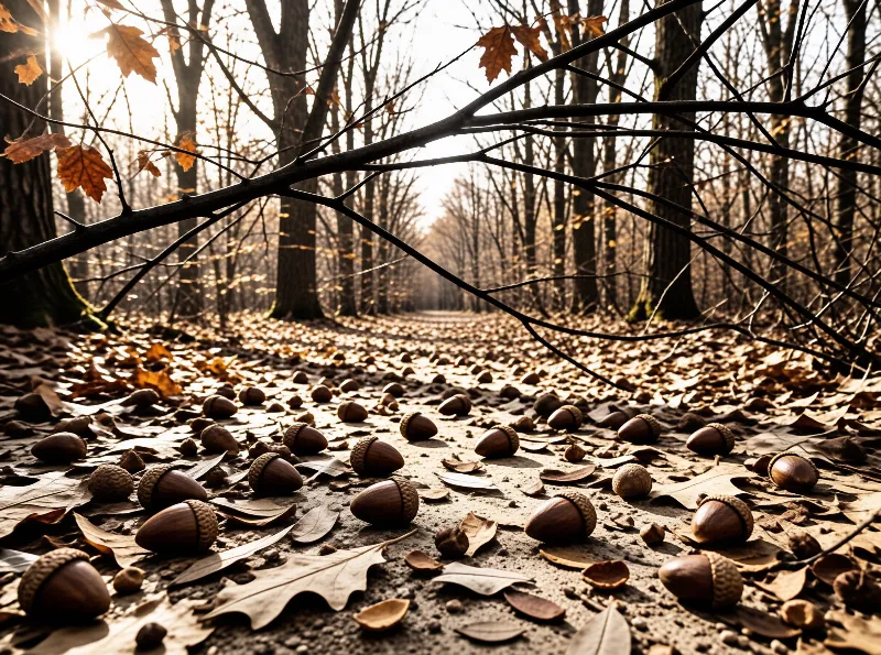Low sun flares through bare oak branches above a sandy trail thickly strewn with brown acorns and crisp fallen leaves