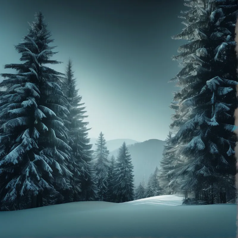 Tall evergreen trees covered in heavy snow stand on either side of a snowy path leading into a misty blue forest