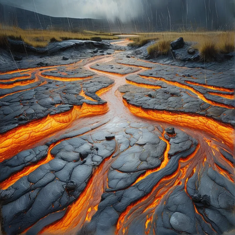 Bright molten lava winds through dark rocky ground under a rainy overcast sky