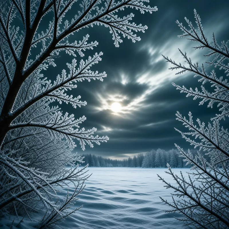 Snow covered branches frame a frozen lake beneath a dark cloudy sky where bright light breaks through.