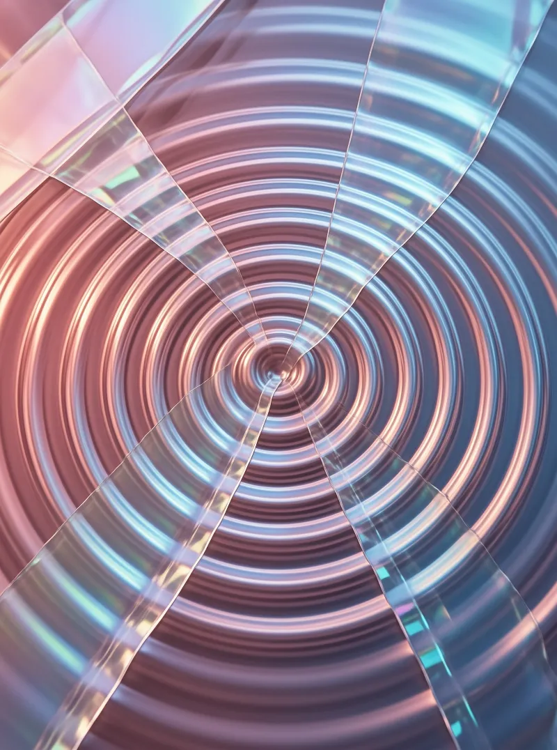 Abstract iridescent texture featuring concentric metallic rings radiating from a center point with radial dividers.