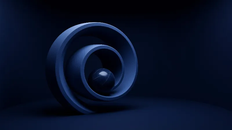 Concentric blue rings frame a dark stone sphere within a dimly lit blue geometric arrangement.