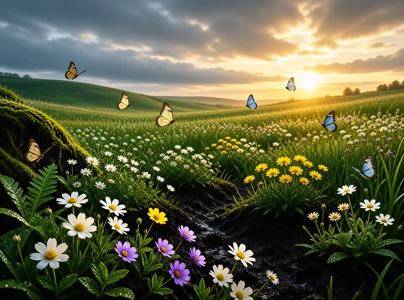 Daisies and purple blooms fill a green hillside meadow while butterflies drift through golden evening light